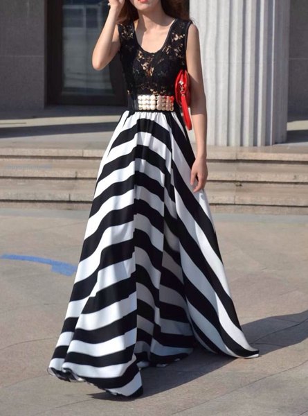 Hollow Out Design Striped Sleeveless Scoop Neck Floor-length Dress For Women