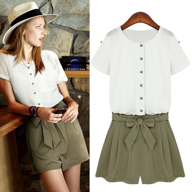 Button Down Short Sleeved Military Green Romper on Luulla